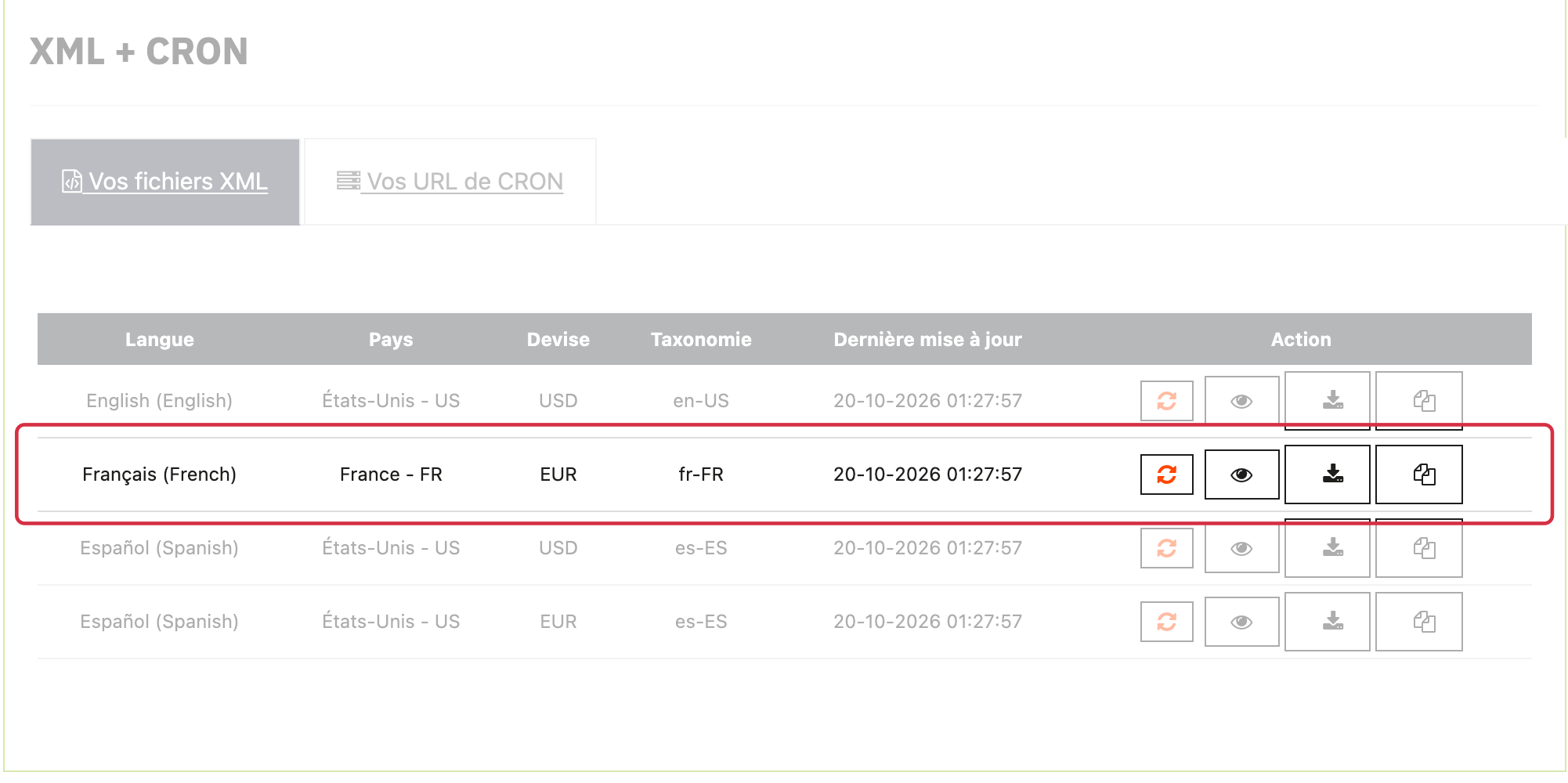 Mes flux > XML + CRON > Vos fichiers XML : groupe France, fran&ccedil;ais, EUR.