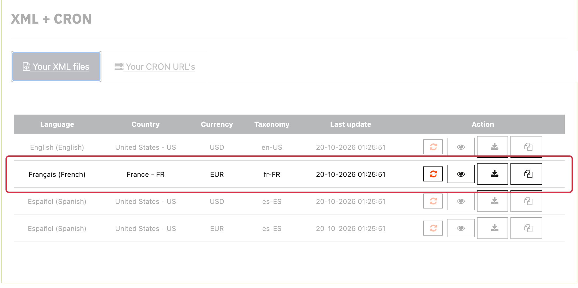 My feeds > XML + CRON > Your XML files: France, French, EUR group.