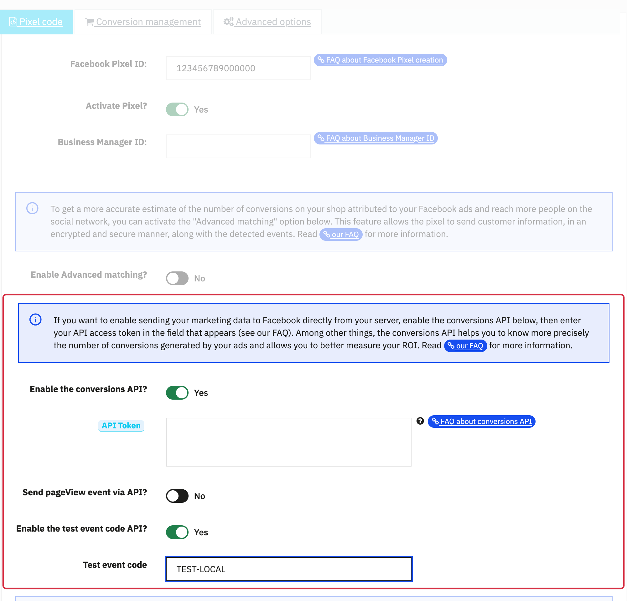 API activation, token field and temporary test code