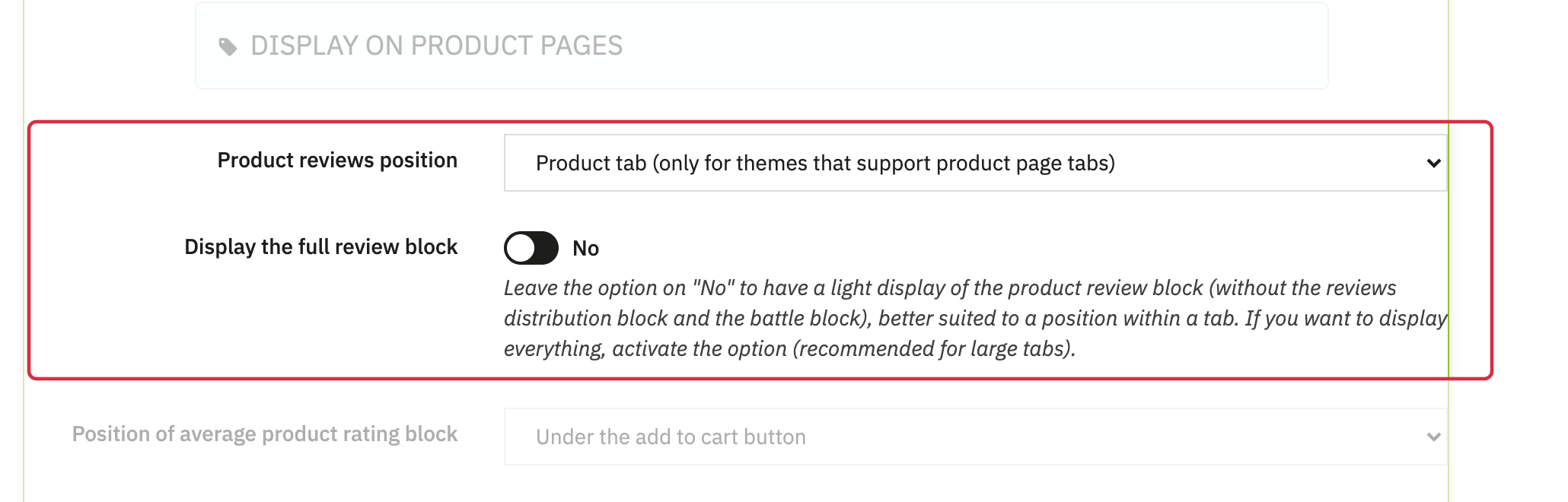 Product tab position with the full block disabled; separate average rating position.