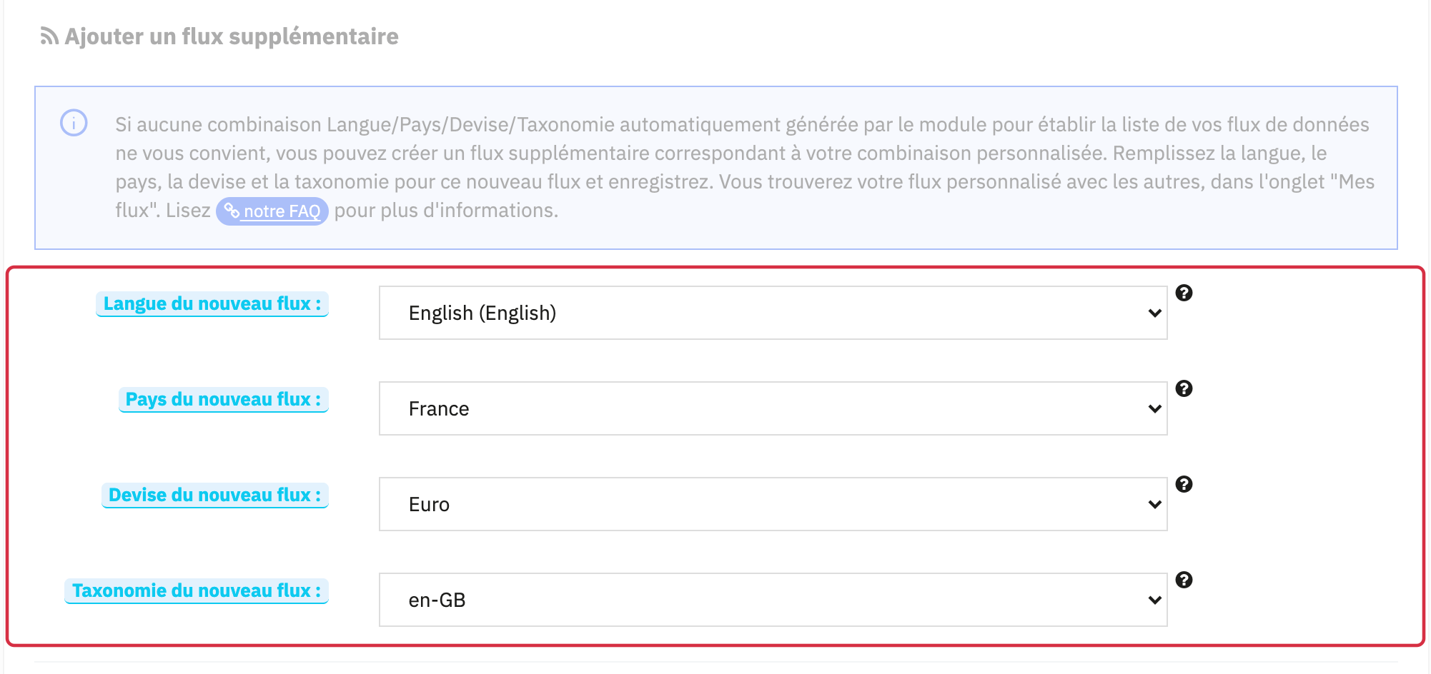 Sélection langue, pays, devise et taxonomie du flux supplémentaire