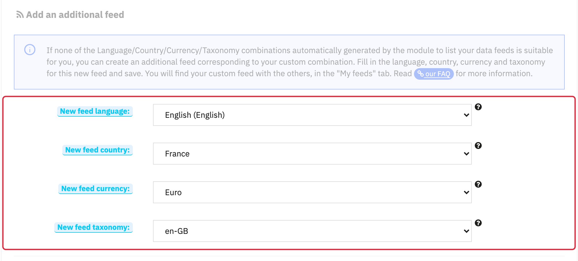 Additional feed language, country, currency and taxonomy