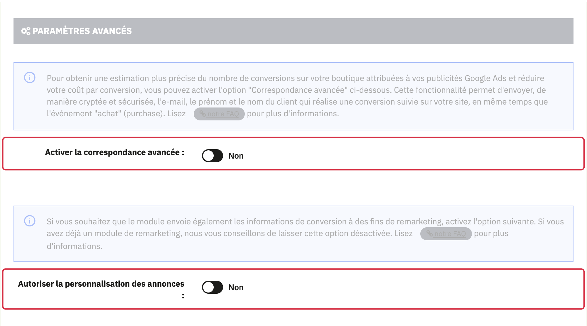 La correspondance avanc&eacute;e et la personnalisation des annonces sont deux options distinctes.