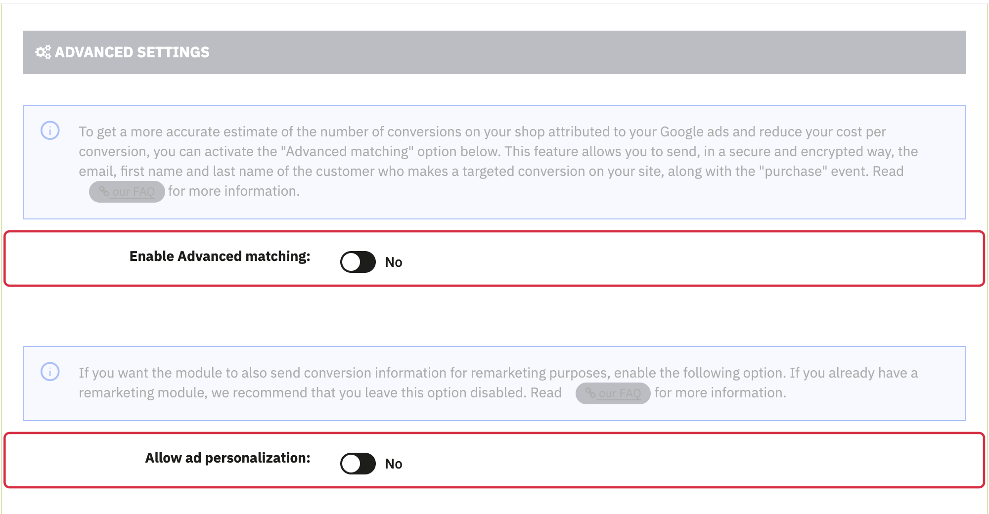 Advanced matching and ad personalization are separate options.
