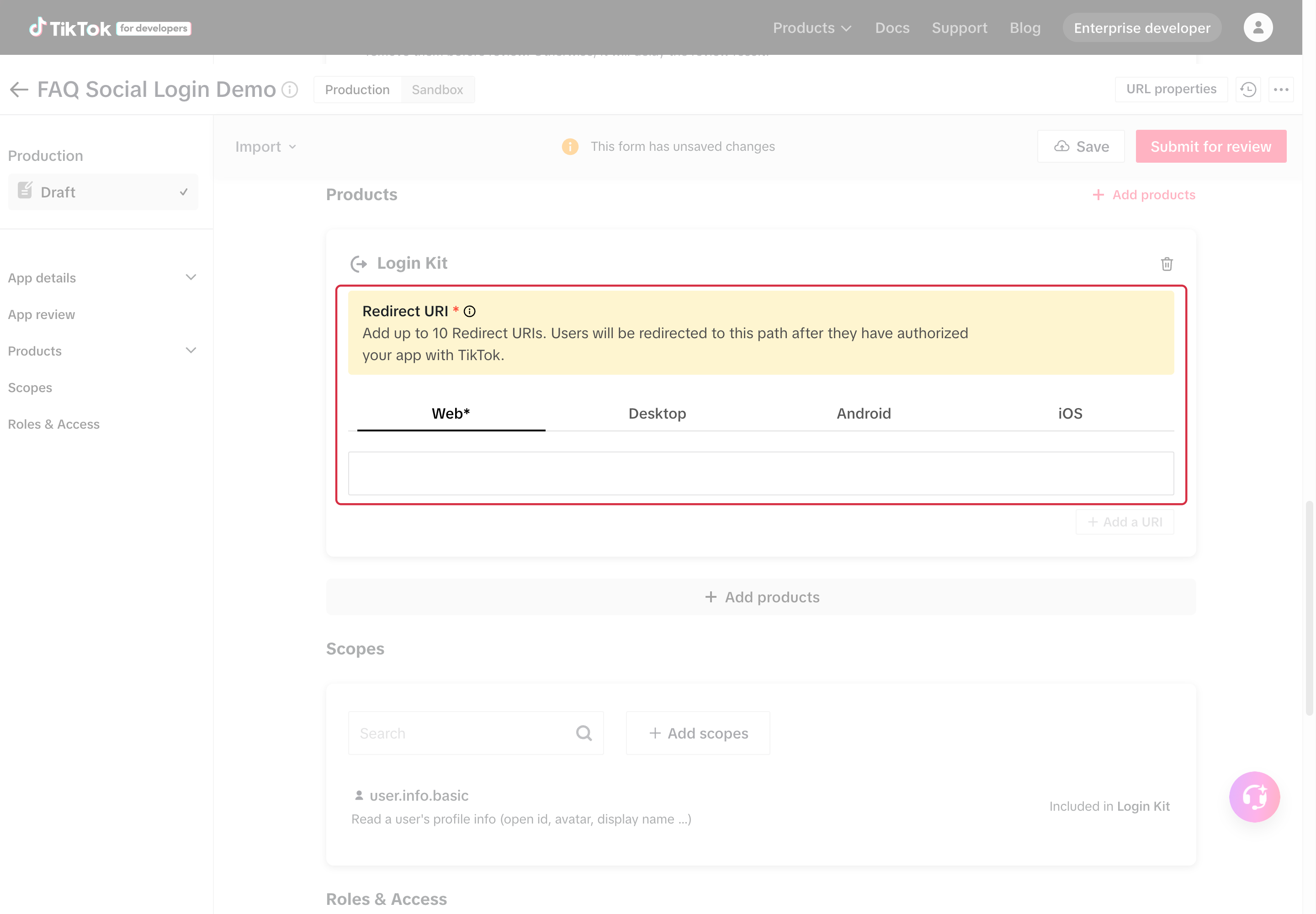 TikTok for Developers : Login Kit, champ Redirect URI de l&rsquo;onglet Web