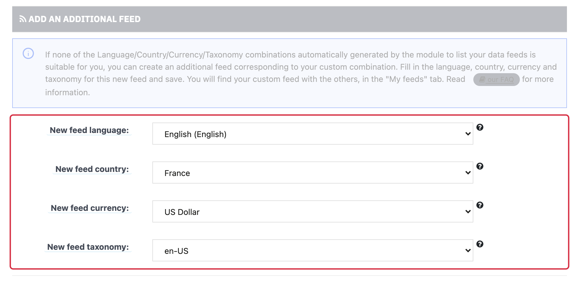The four additional-feed parameters in the standard edition.