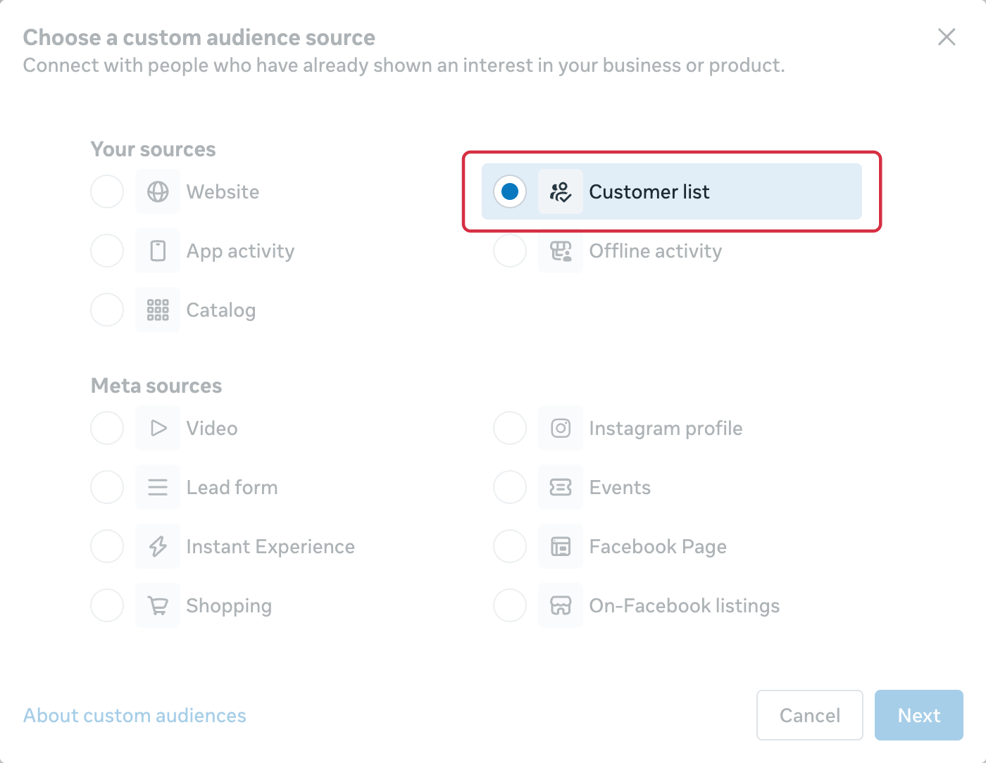 Meta custom audience wizard: Customer list source selected