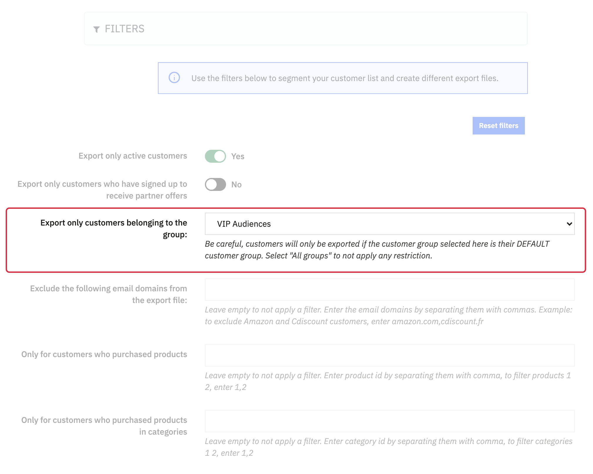 Module filters: default VIP group, separate from partner offers and purchases
