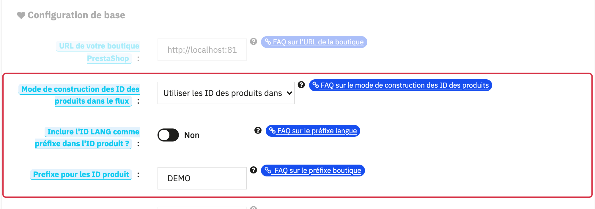 Mode d’identifiant, préfixe LANG désactivé et préfixe boutique