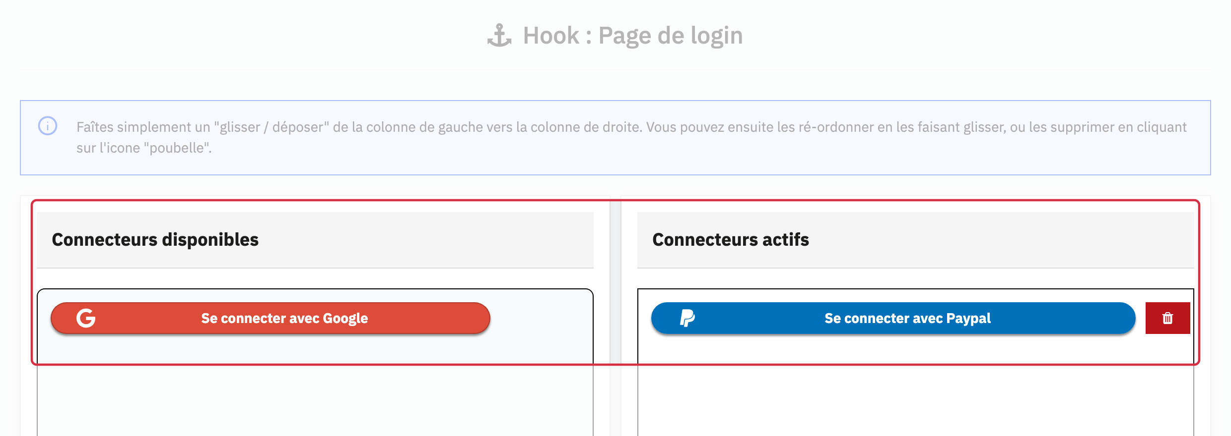 Page de login : Google disponible &agrave; gauche et PayPal dans les connecteurs actifs &agrave; droite