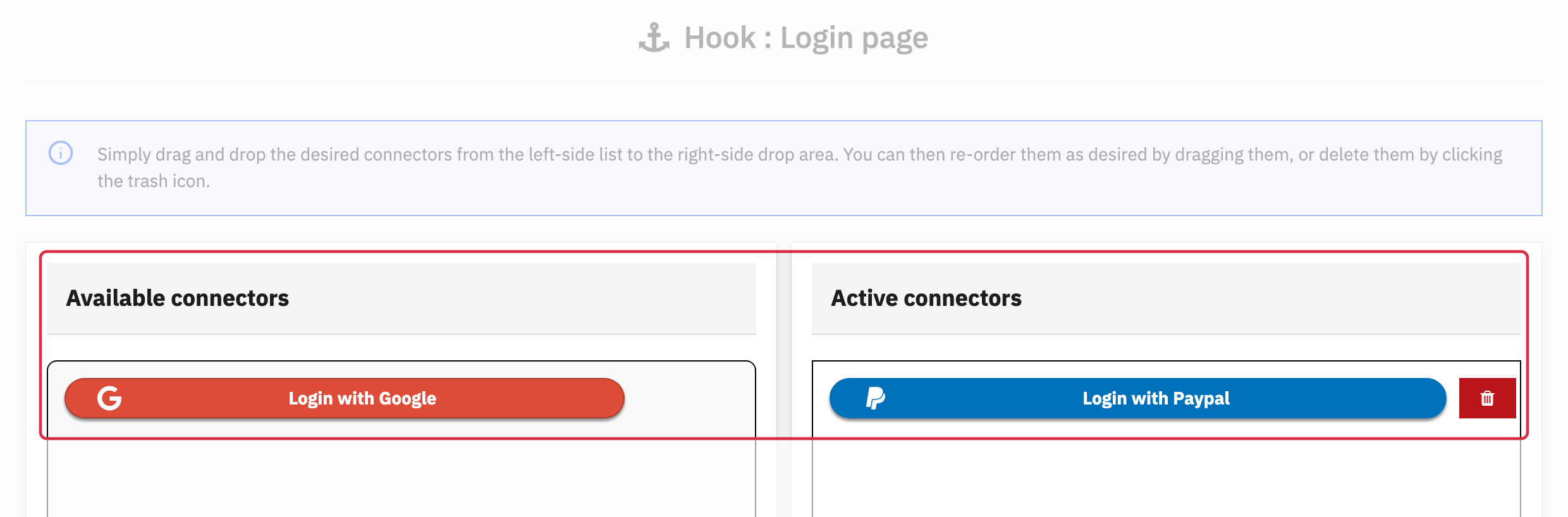 Login page: Google available on the left and PayPal in Active connectors on the right