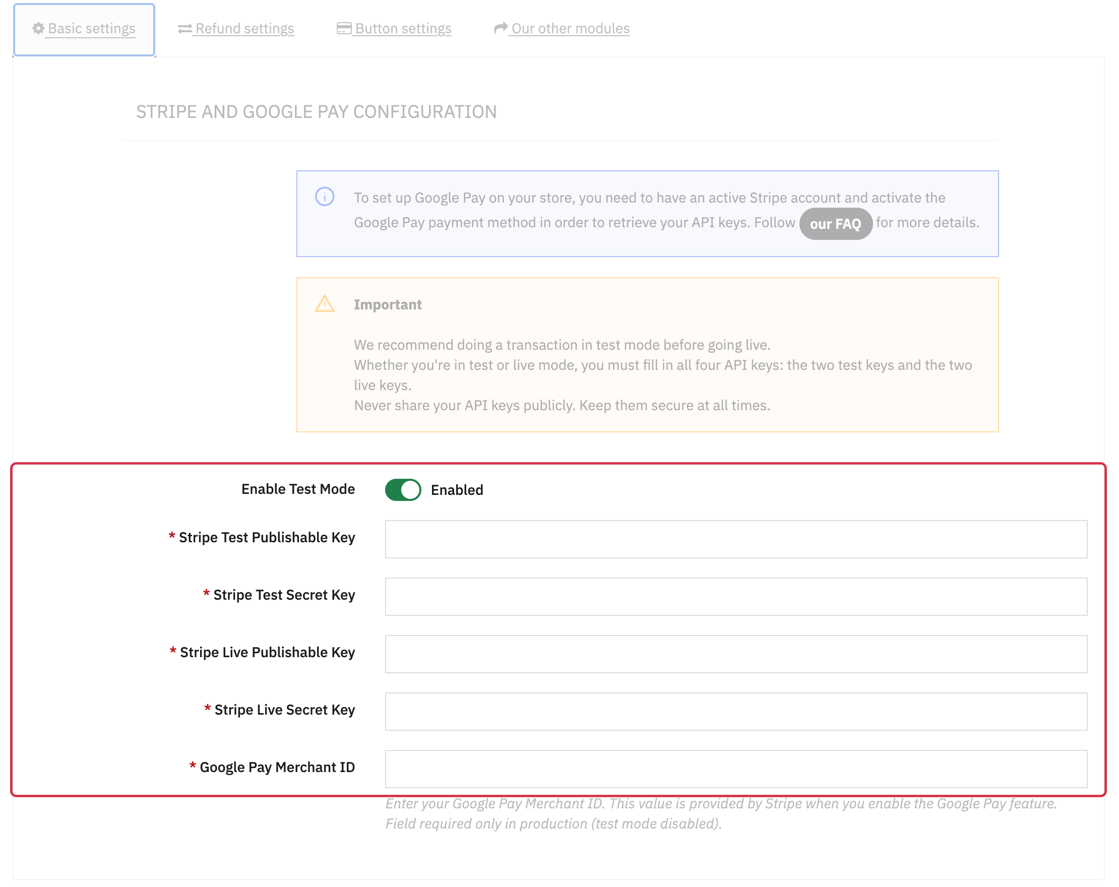 Google Pay basic settings: test mode enabled, four Stripe key fields and a separate Merchant ID field.