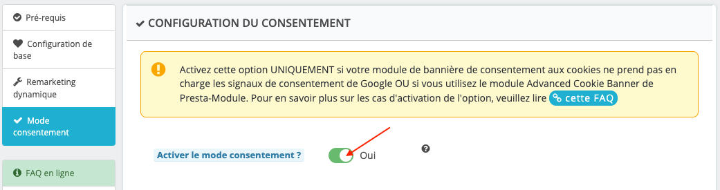 Capture d'écran : option Activer le mode consentement