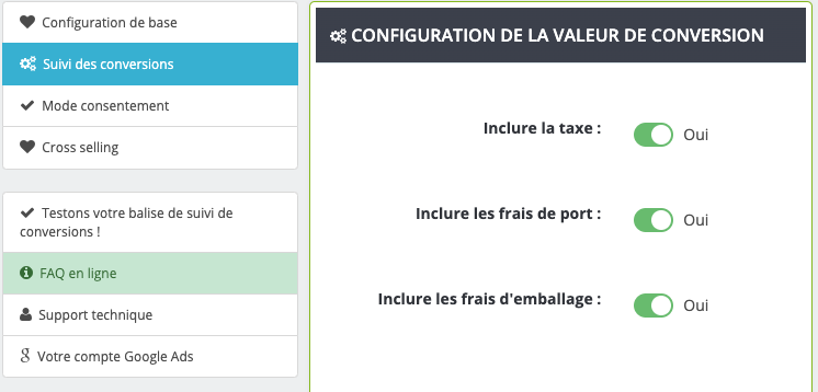 Capture d'écran : options valeur de conversion (taxe, frais de port, emballage)