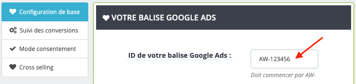 Capture d'écran : champ ID de balise Google Ads