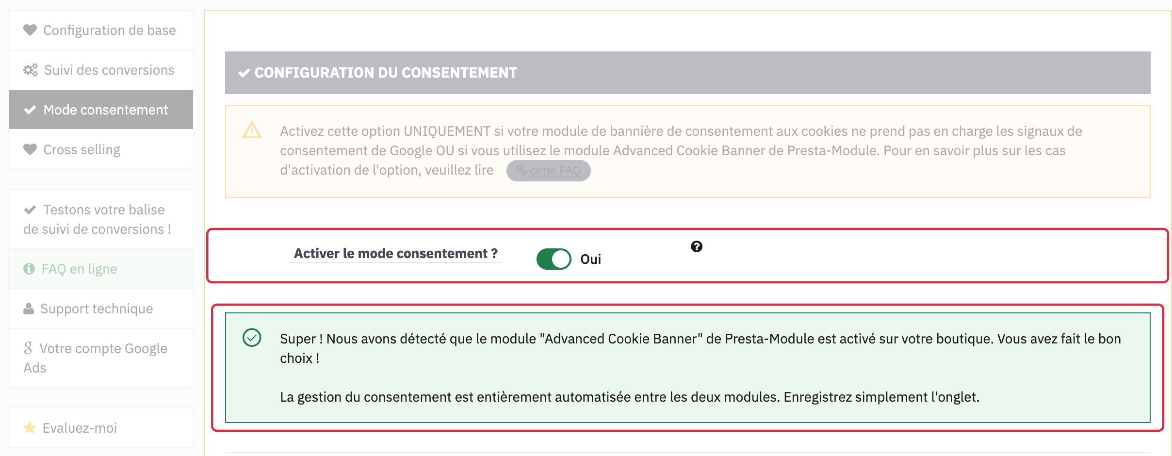 D&eacute;tection d&rsquo;Advanced Cookie Banner dans les r&eacute;glages de consentement.