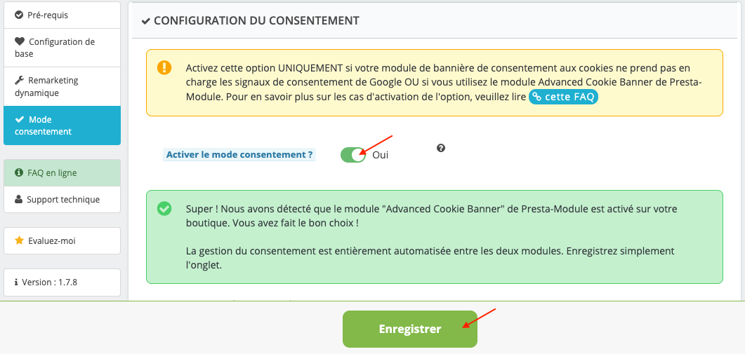 Capture d'écran : compatibilité Advanced Cookie Banner