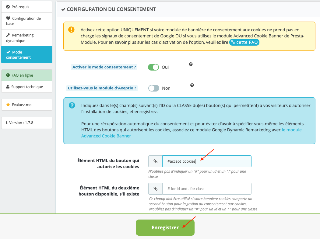 Capture d'écran : configuration manuelle des boutons de consentement
