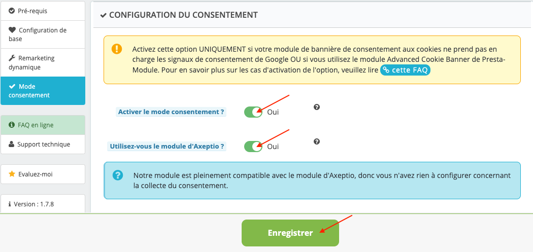 Capture d'écran : compatibilité Axeptio