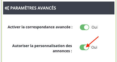Capture d'écran : option Personnalisation des annonces