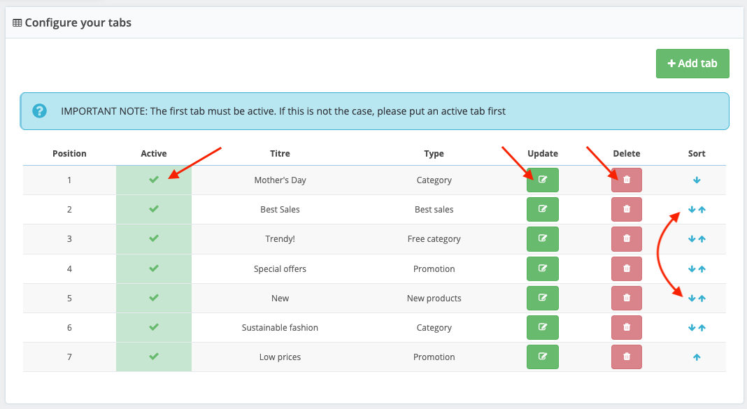 Screenshot: managing tab order and activation