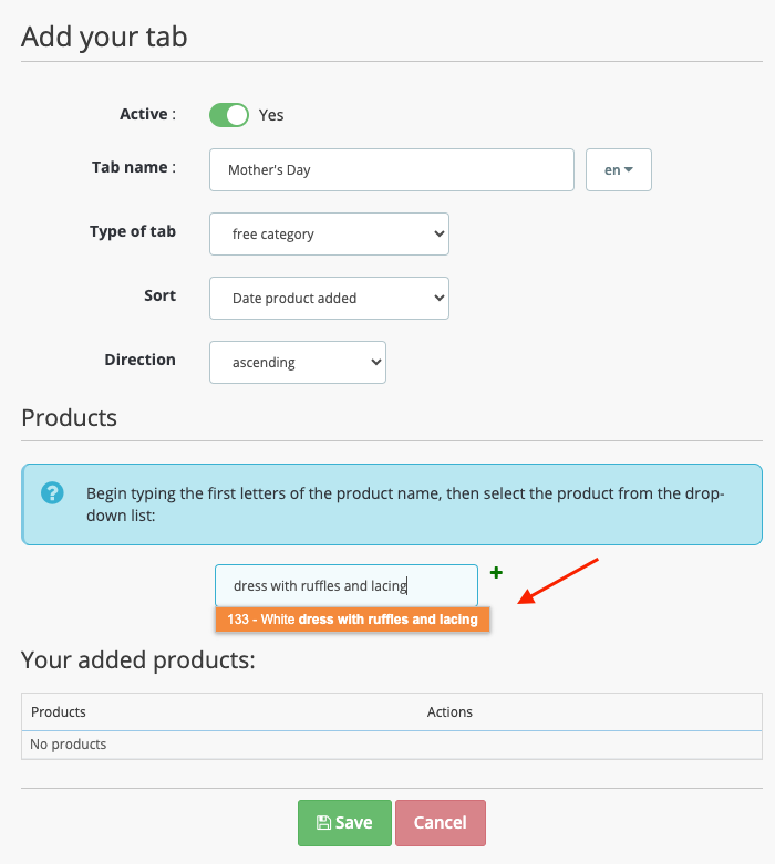 Screenshot: product selection for custom category