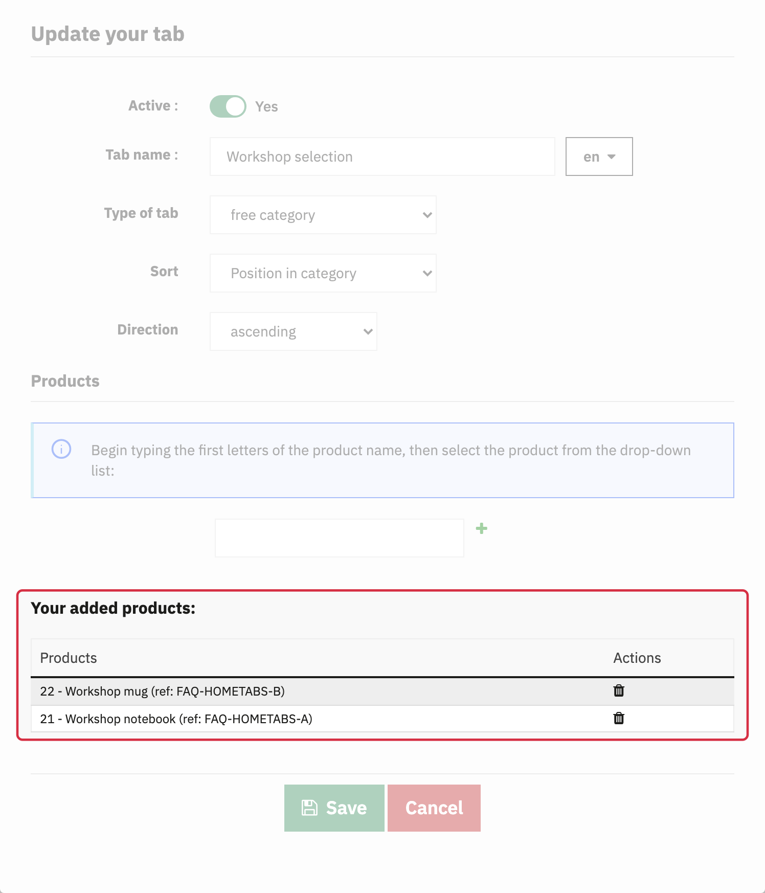 PrestaShop 9: reopened Workshop selection tab with Workshop mug and Workshop notebook in Your added products