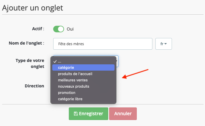 Capture d'écran : sélection du type d'onglet