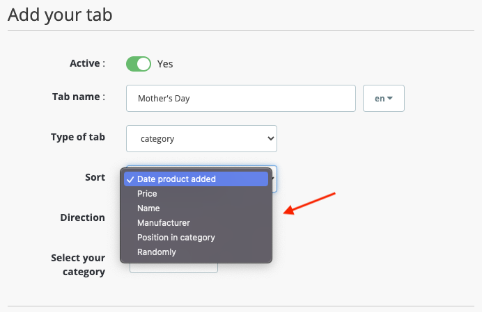 Screenshot: sort selection