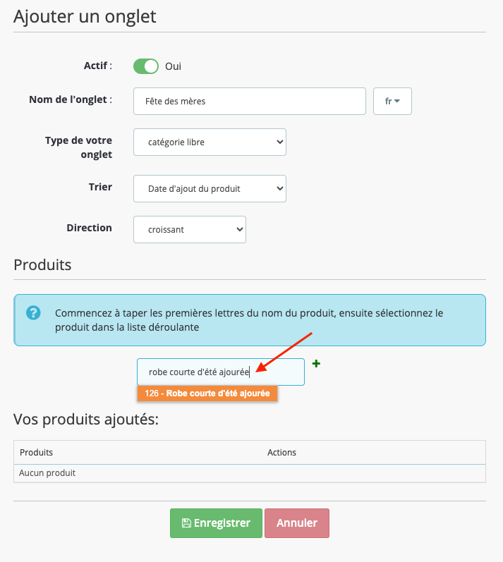 Capture d'écran : sélection des produits pour catégorie libre
