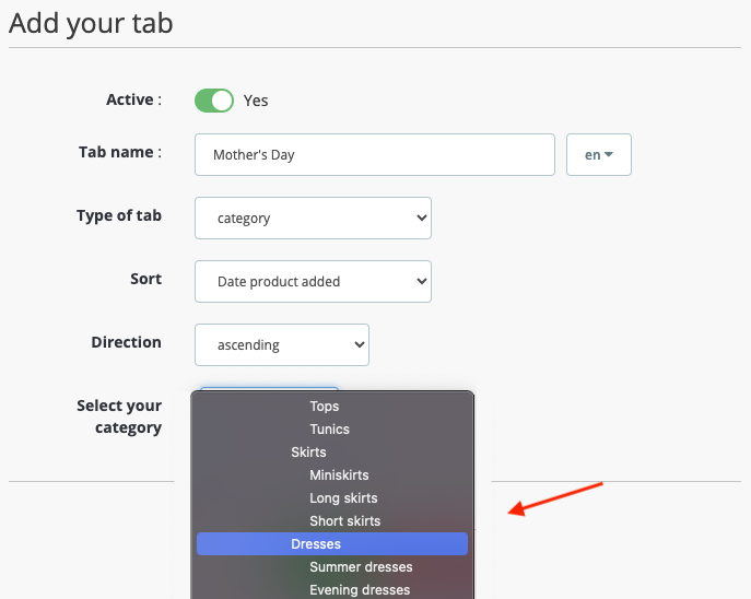Screenshot: category selection