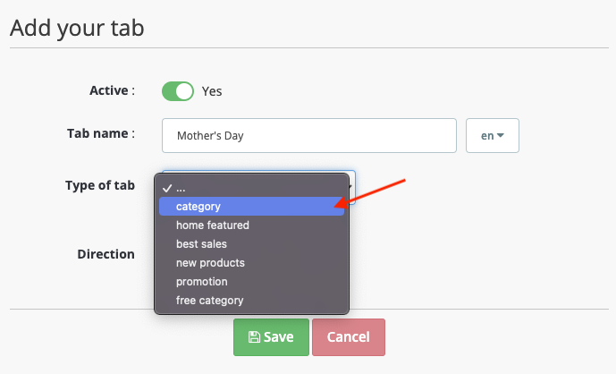 Screenshot: selecting tab type