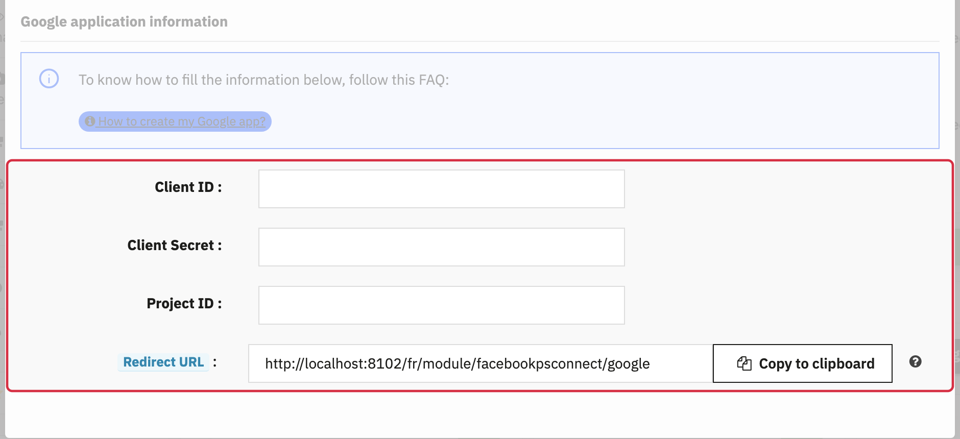 Google form: Client ID, Client Secret, Project ID and Redirect URL