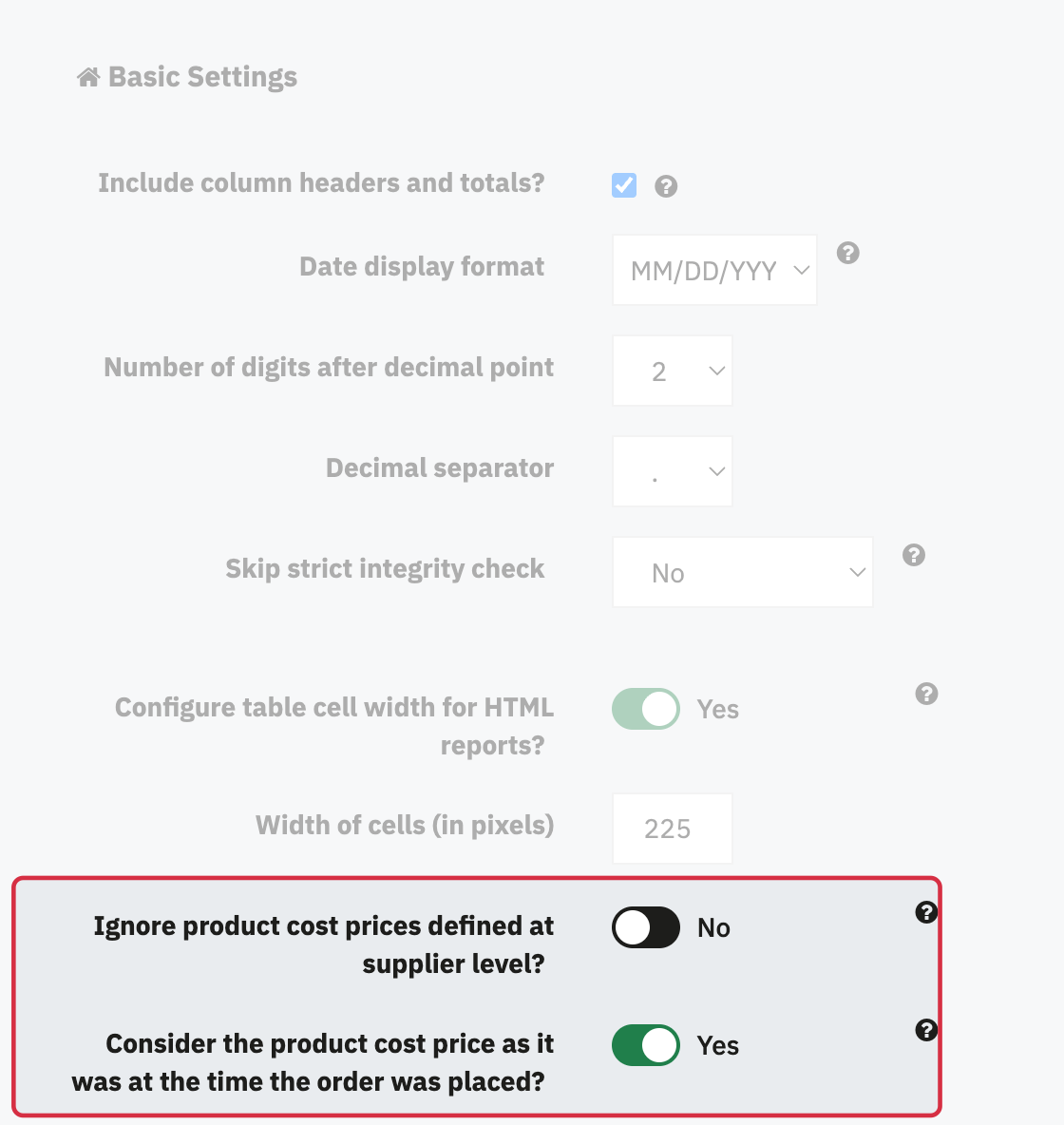 Sales Reports Pro Basic Settings: the two purchase-cost source options, with Ignore set to No and Consider the cost at order time set to Yes.