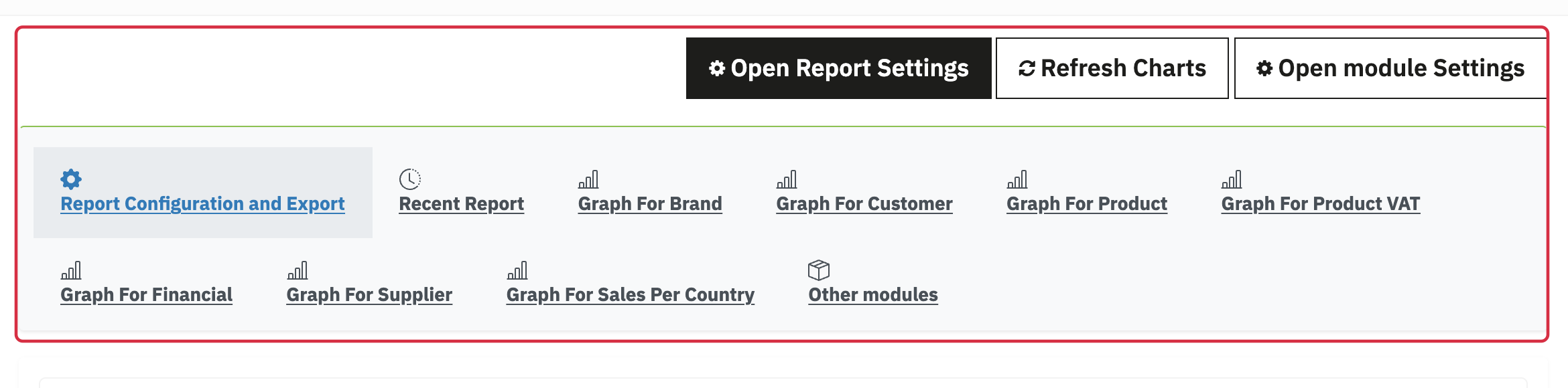 Report navigation: report settings, module settings, recent report and charts.