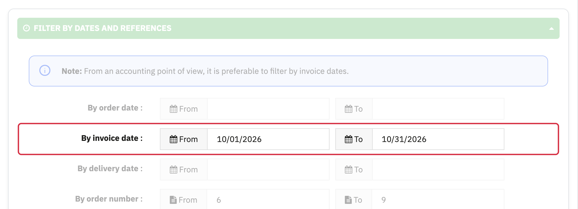 Date filters: invoice date range from 1 to 31 October 2026 in MM/DD/YYYY format, with neighbouring order and delivery fields.