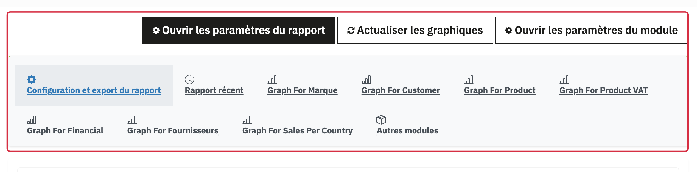 Navigation du rapport : param&egrave;tres du rapport, param&egrave;tres du module, rapport r&eacute;cent et graphiques.